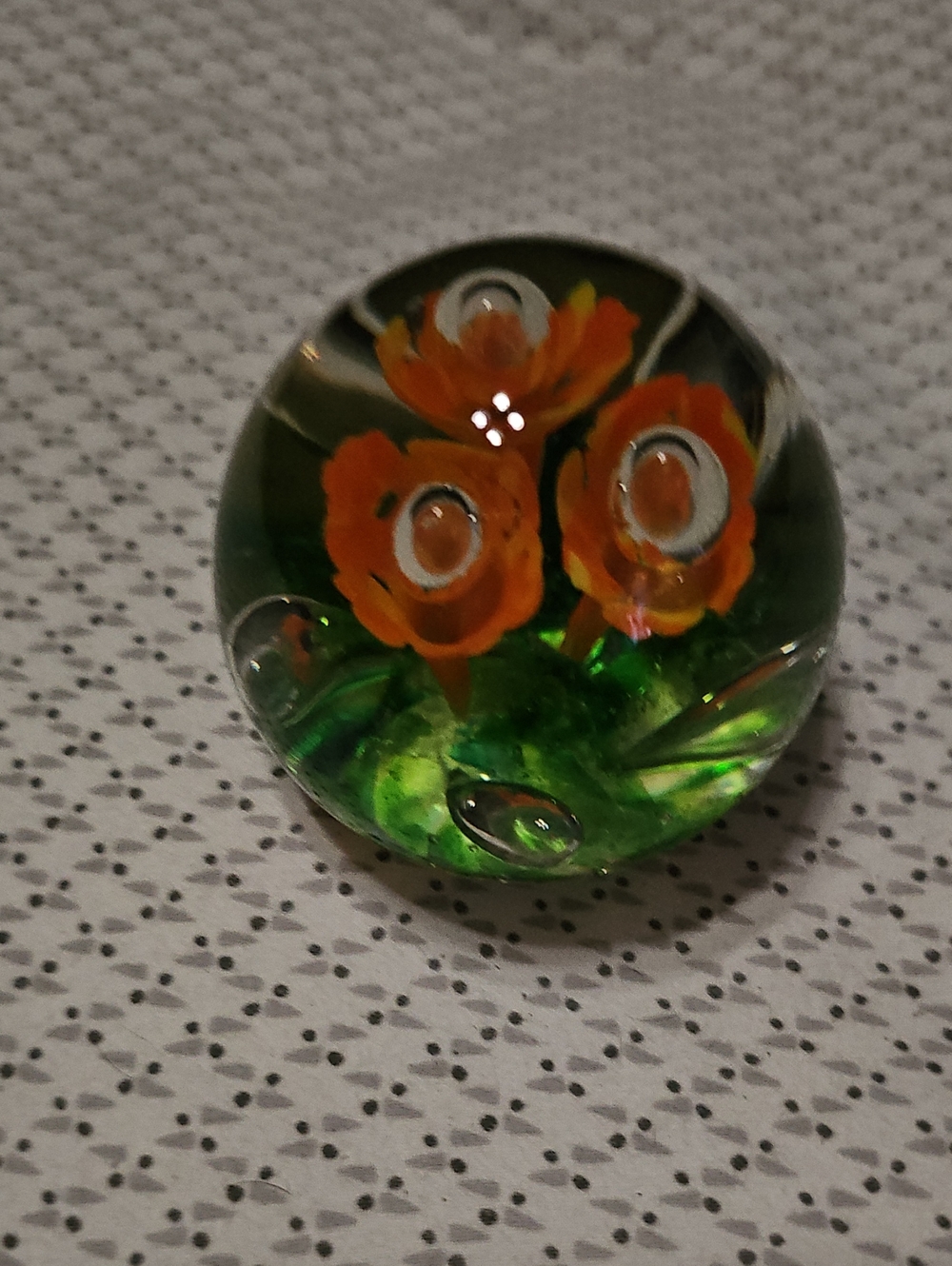 Handcrafted Orange Flower Glass Paperweight - Green Base